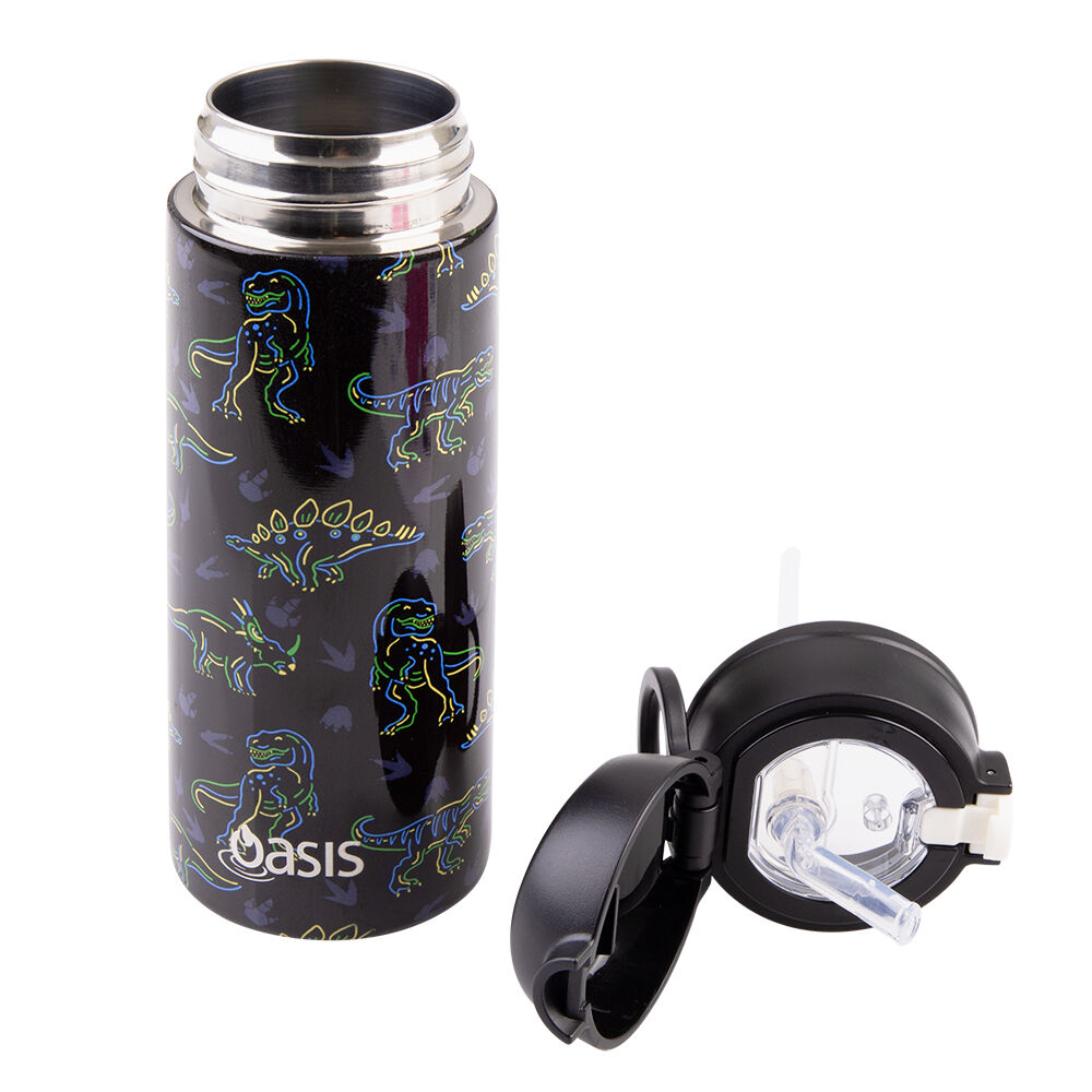 2PK Oasis Stainless Steel Insulated Kids Drink Bottle w/Straw 550ml Neon Dinosaurs