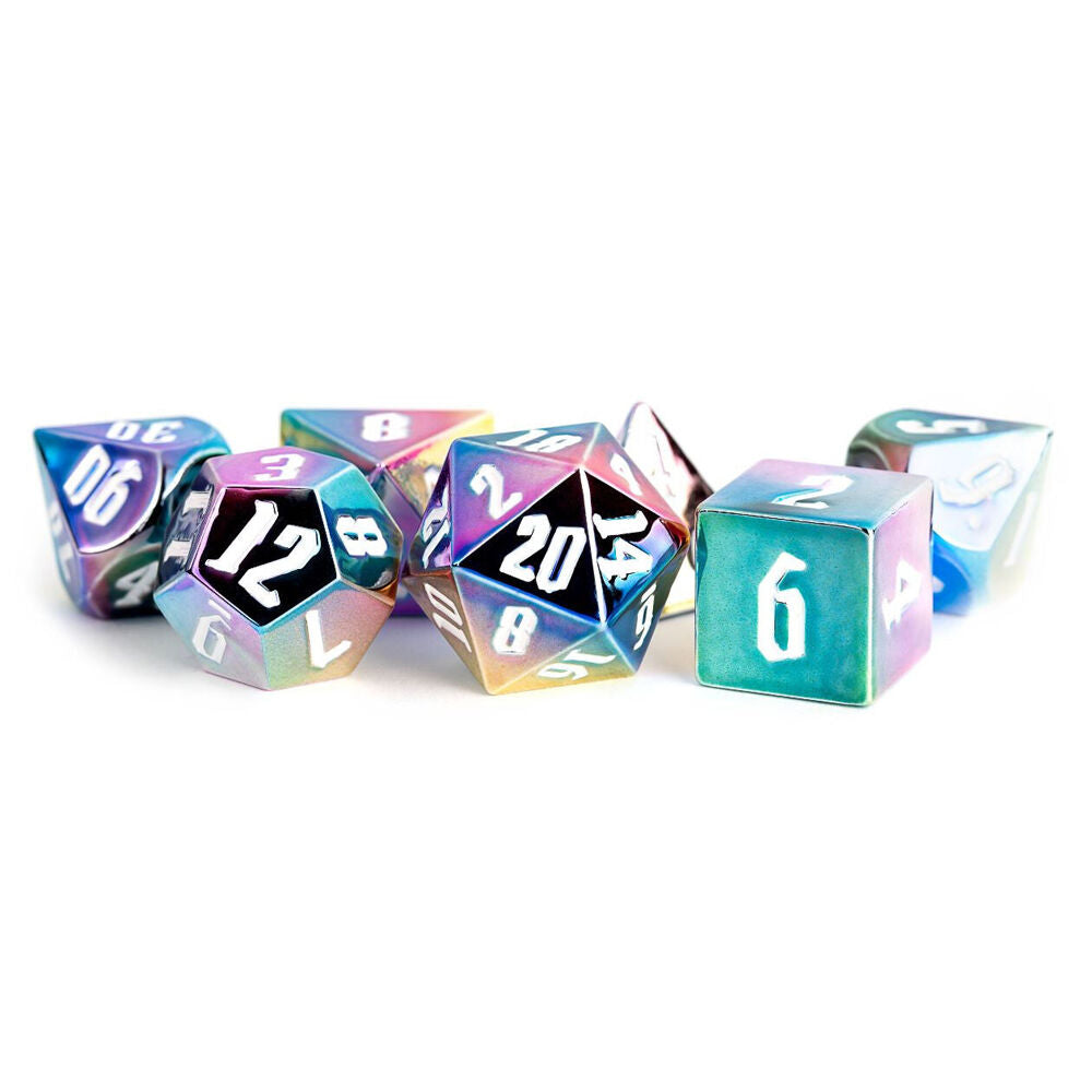 14pc Fanroll by Metallic Aluminum Plated Acrylic/Polyhedral RPG Dice Set 16mm - Rainbow Aegis