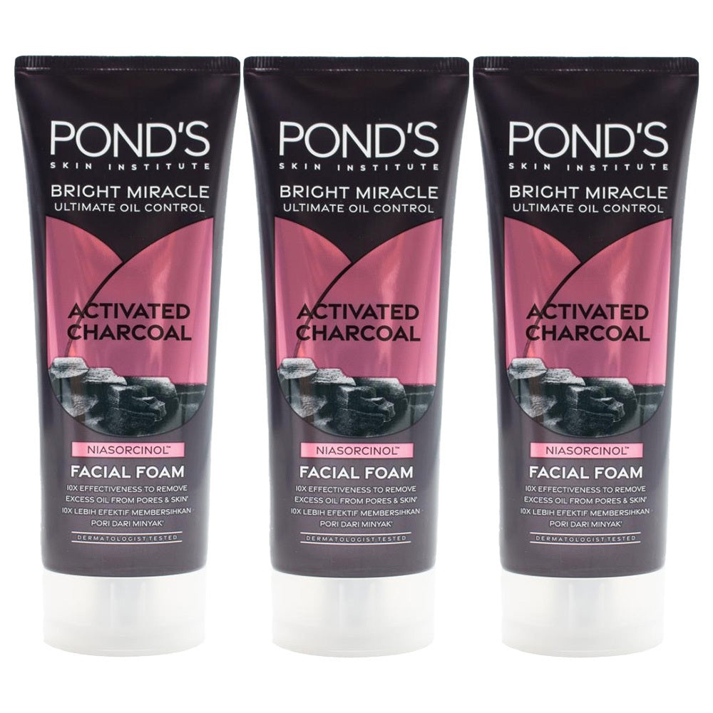 3PK Ponds Bright Miracle Activated Charcoal Facial Foam 90g