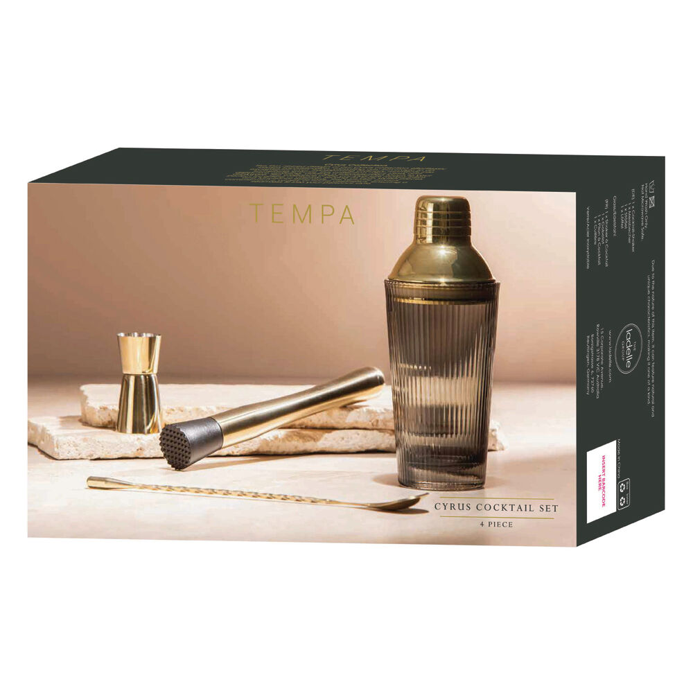 4pc Tempa Cyrus Thin Ribbed Cocktail Drink Making Set Charcoal