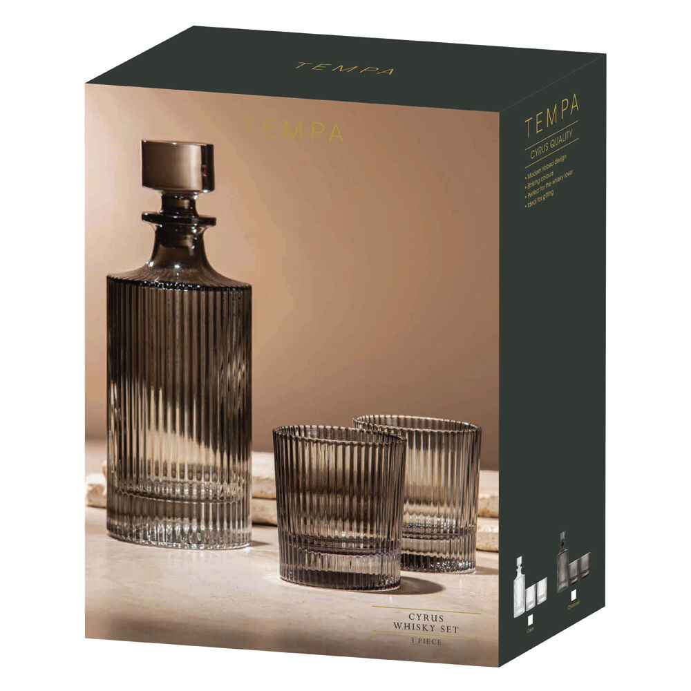 3pc Tempa Cyrus Thin Ribbed Whisky Decanter & Glasses Set Charcoal