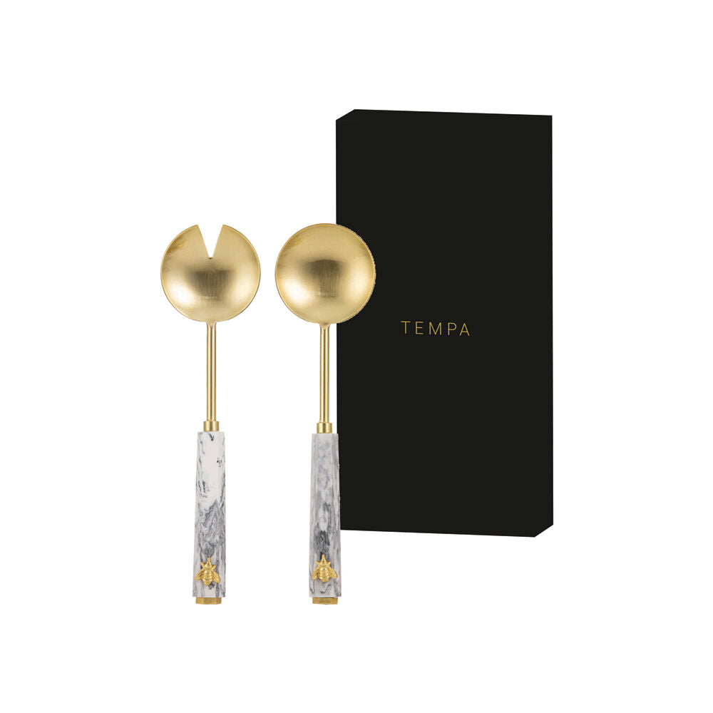 2pc Tempa Modern Bee Marble-Look Salad Servers Set Metallic Gold/White