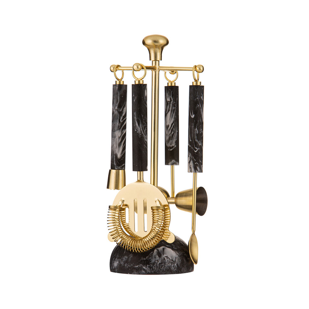 5pc Tempa Bennett Marble Finish Resin Barware Tools Set Black/Gold