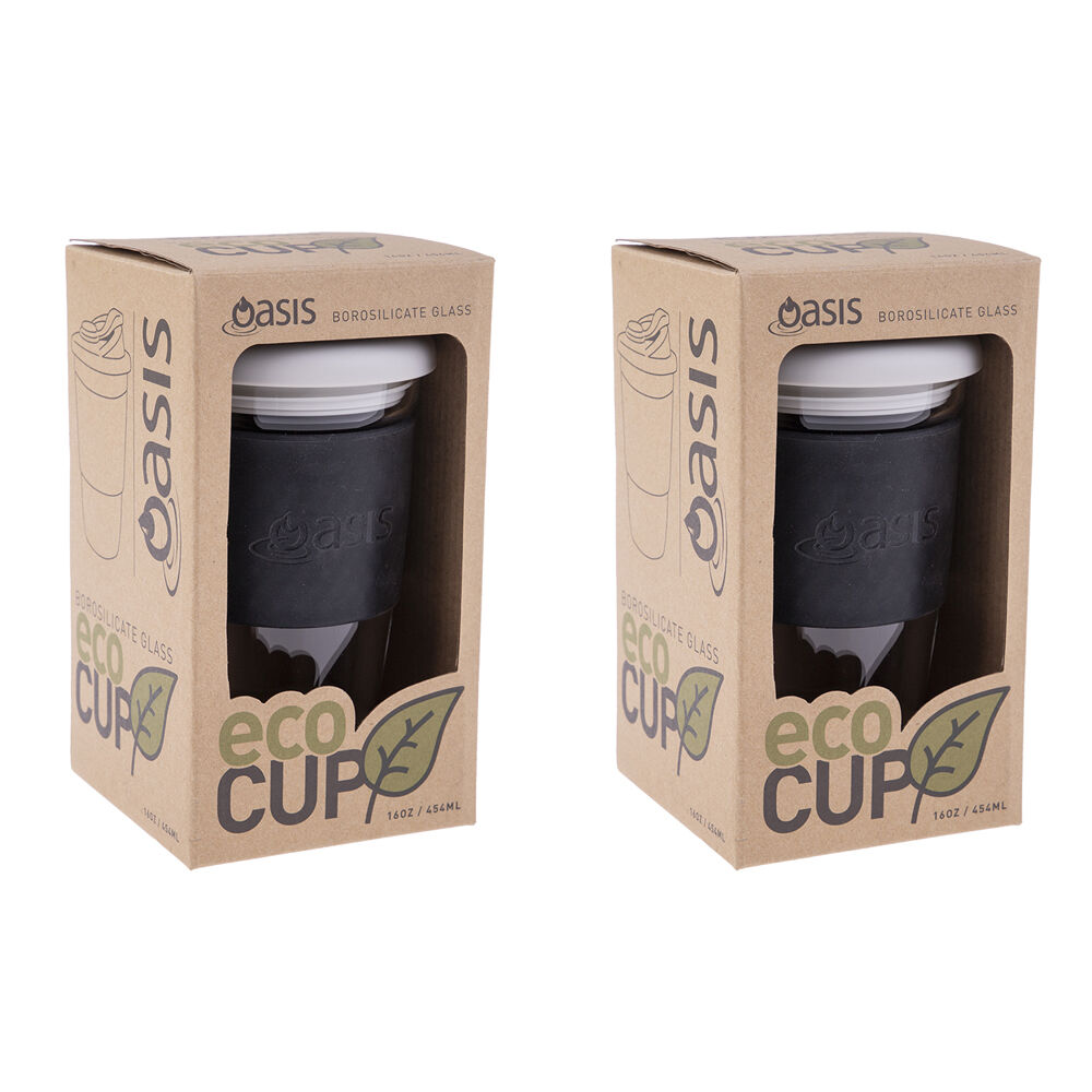 2PK Oasis Reusable Non-Slip Silicone Borosilicate Glass Eco Cup 16oz 454ml Black