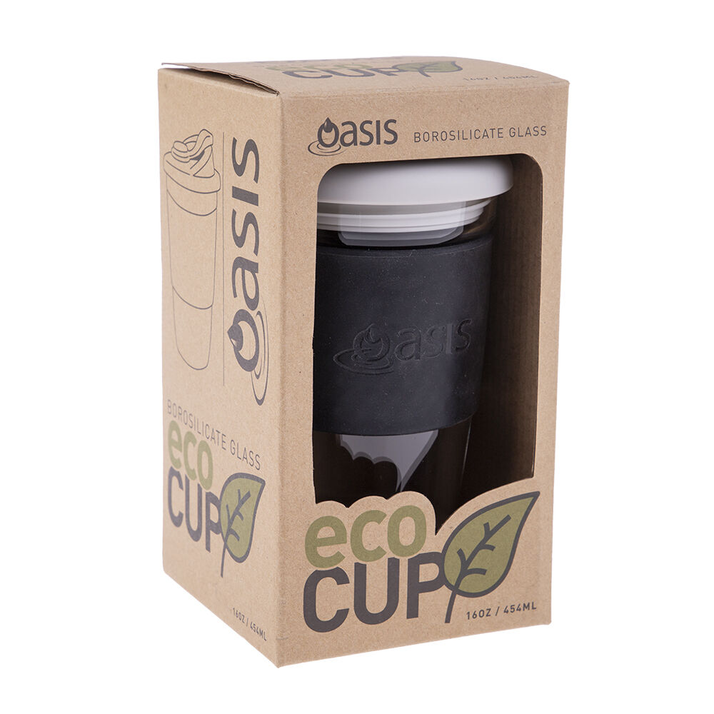 2PK Oasis Reusable Non-Slip Silicone Borosilicate Glass Eco Cup 16oz 454ml Black