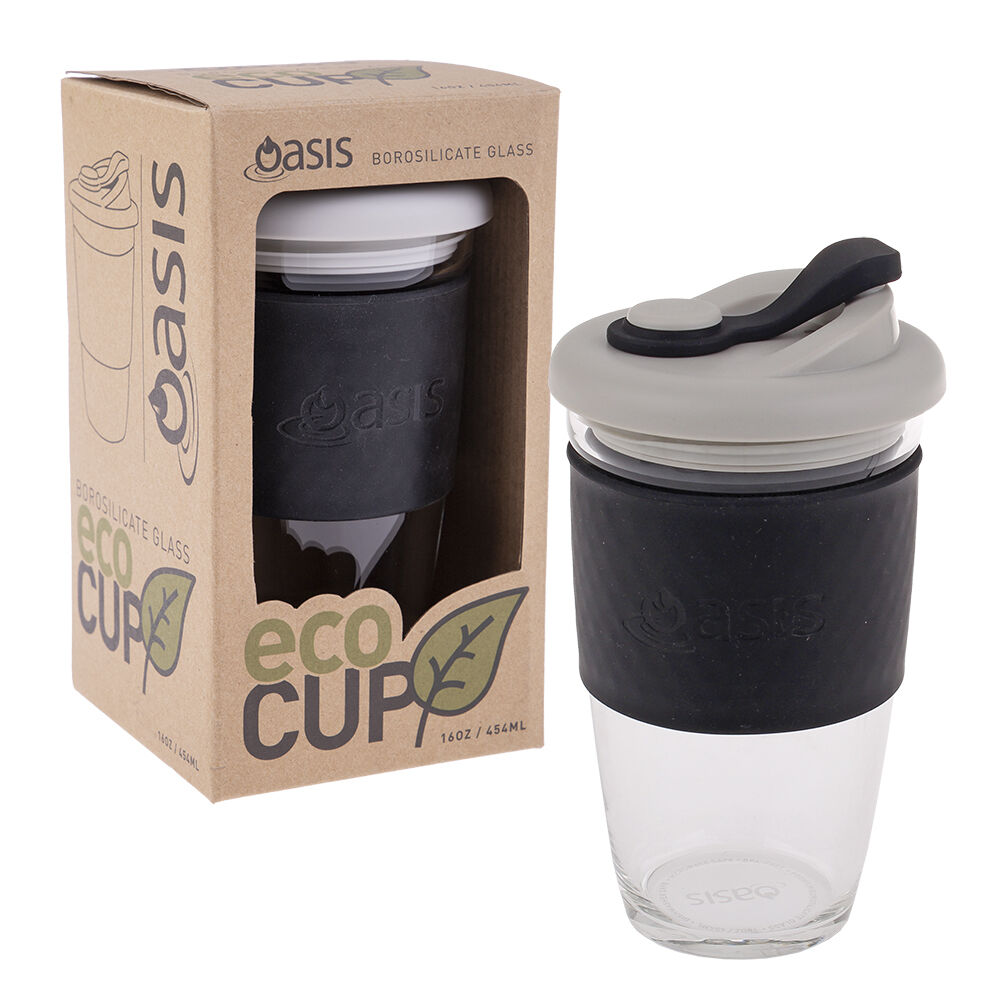 2PK Oasis Reusable Non-Slip Silicone Borosilicate Glass Eco Cup 16oz 454ml Black