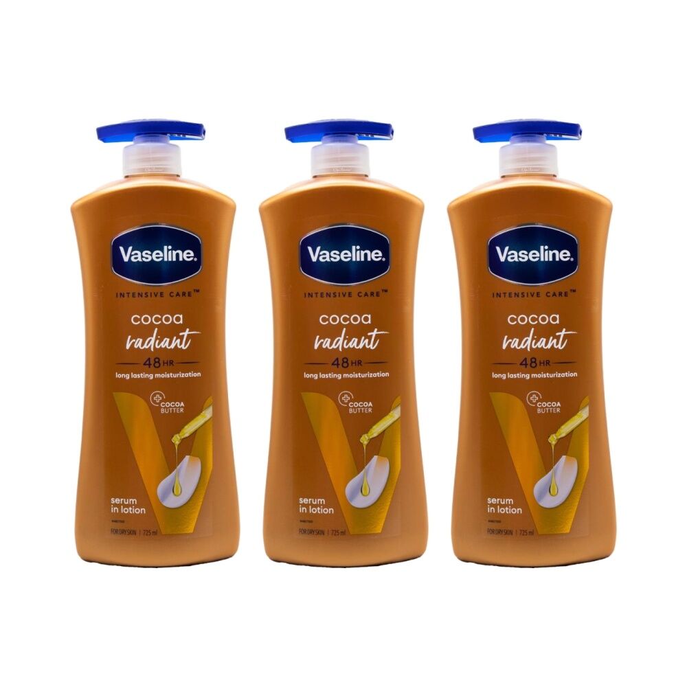 3PK Vaseline Intensive Care Radiant Cocoa Butter Body Lotion for Dry Skin 725ml