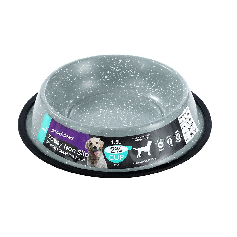 2x Paws & Claws Savoy 1.5L/29cm Non-Slip Stainless Steel Pet Bowl - Grey