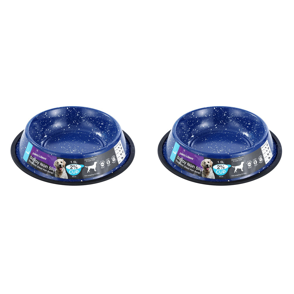 2x Paws & Claws Savoy 1.5L/29cm Non-Slip Stainless Steel Pet Bowl - Blue