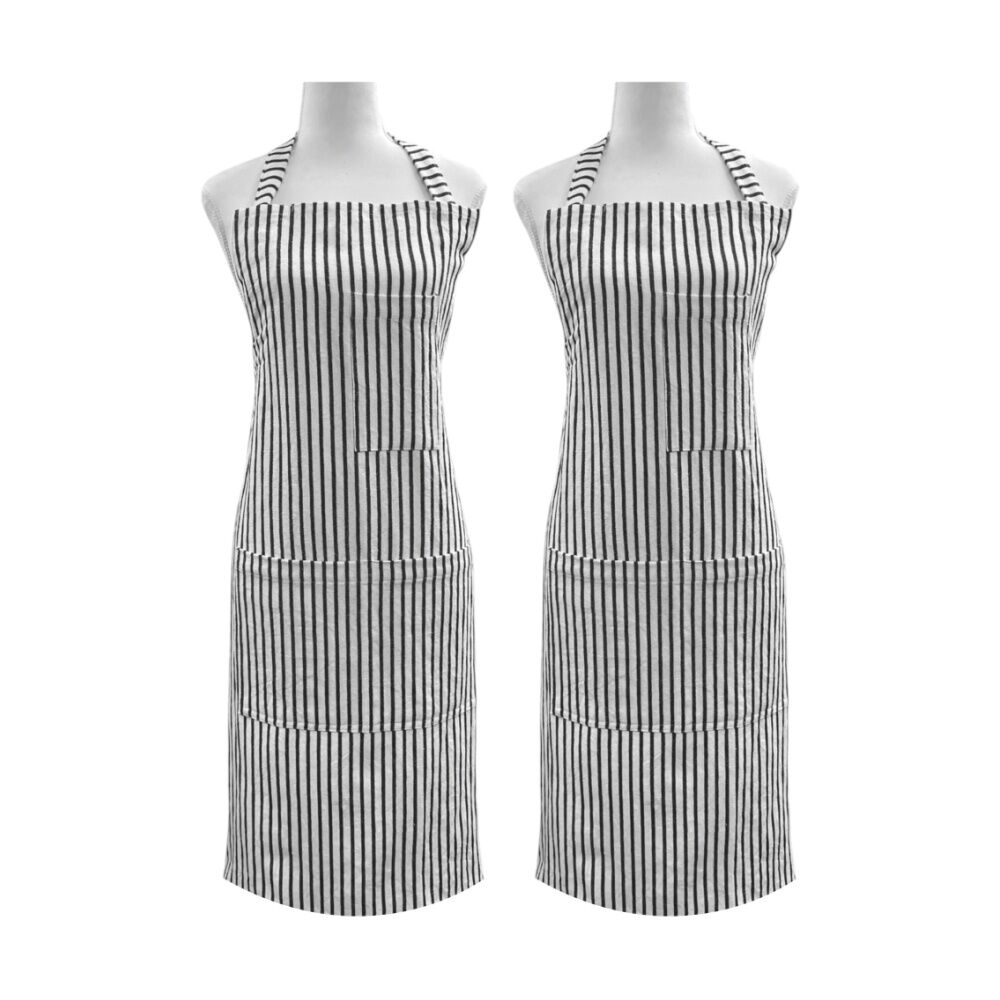 2PK J.Elliot Home Jules Cotton Linen Kitchen Apron 83x68x0.3cm Charcoal & White