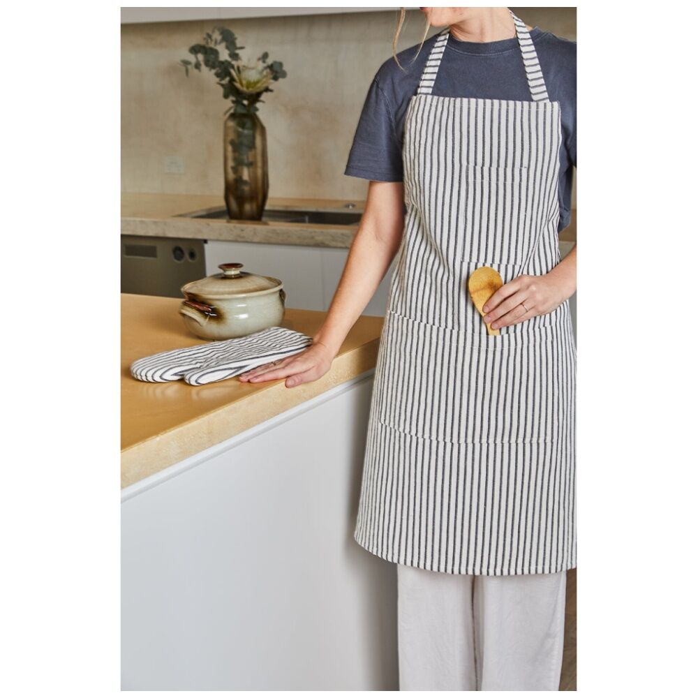 2PK J.Elliot Home Jules Cotton Linen Kitchen Apron 83x68x0.3cm Charcoal & White
