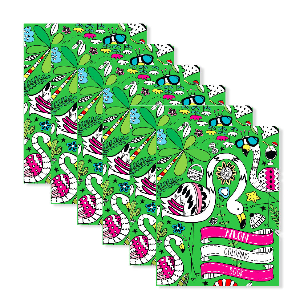 6x Bookoli Neon Colouring Flamingo Colouring Activity Book