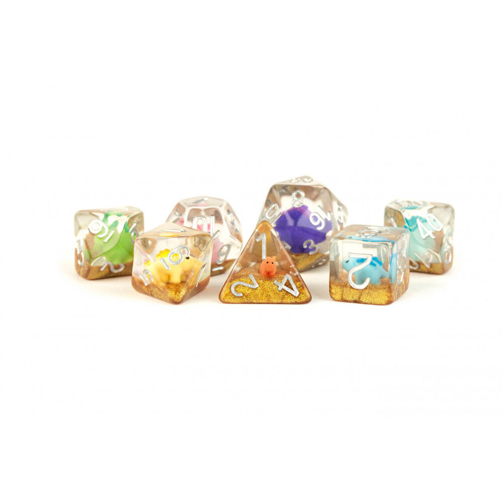 14pc Fanroll by Metallic Resin/Polyhedral RPG Tabletop Dice Set 16mm - Rainbow Dinosaur Dice