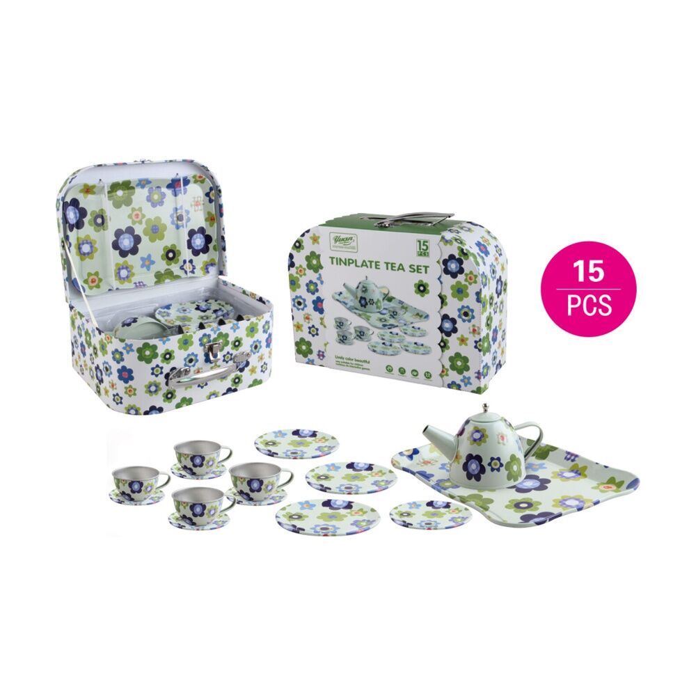 15pc ABT Childrens Pretend Metal Tea Set W/ Carry Case 3Y+ Assorted