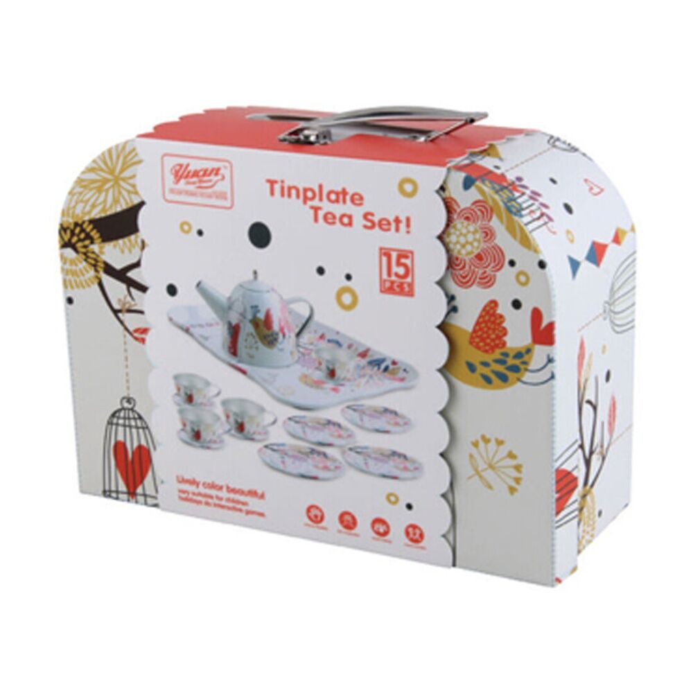 15pc ABT Childrens Pretend Metal Tea Set W/ Carry Case 3Y+ Assorted