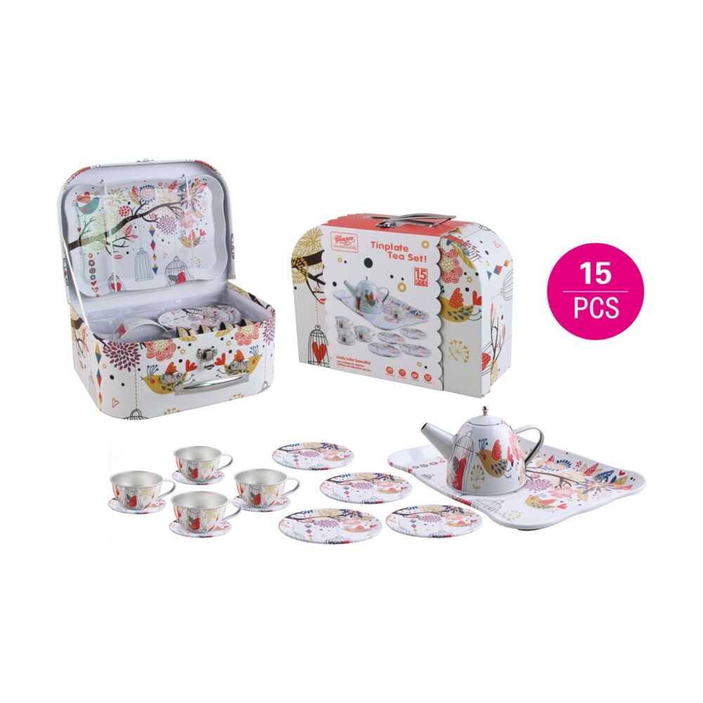 15pc ABT Childrens Pretend Metal Tea Set W/ Carry Case 3Y+ Assorted