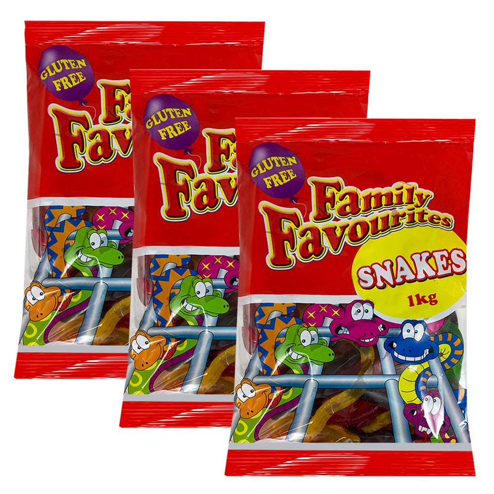 3x Family Favourites Snakes Gummy Lolly Treats Snacks Family Bag 1kg