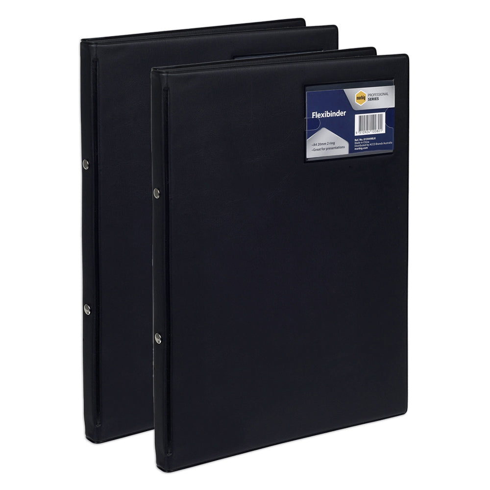 2PK Marbig Pro Flexibinder 2 O-Ring Binder A4 File Organiser 20mm - Black