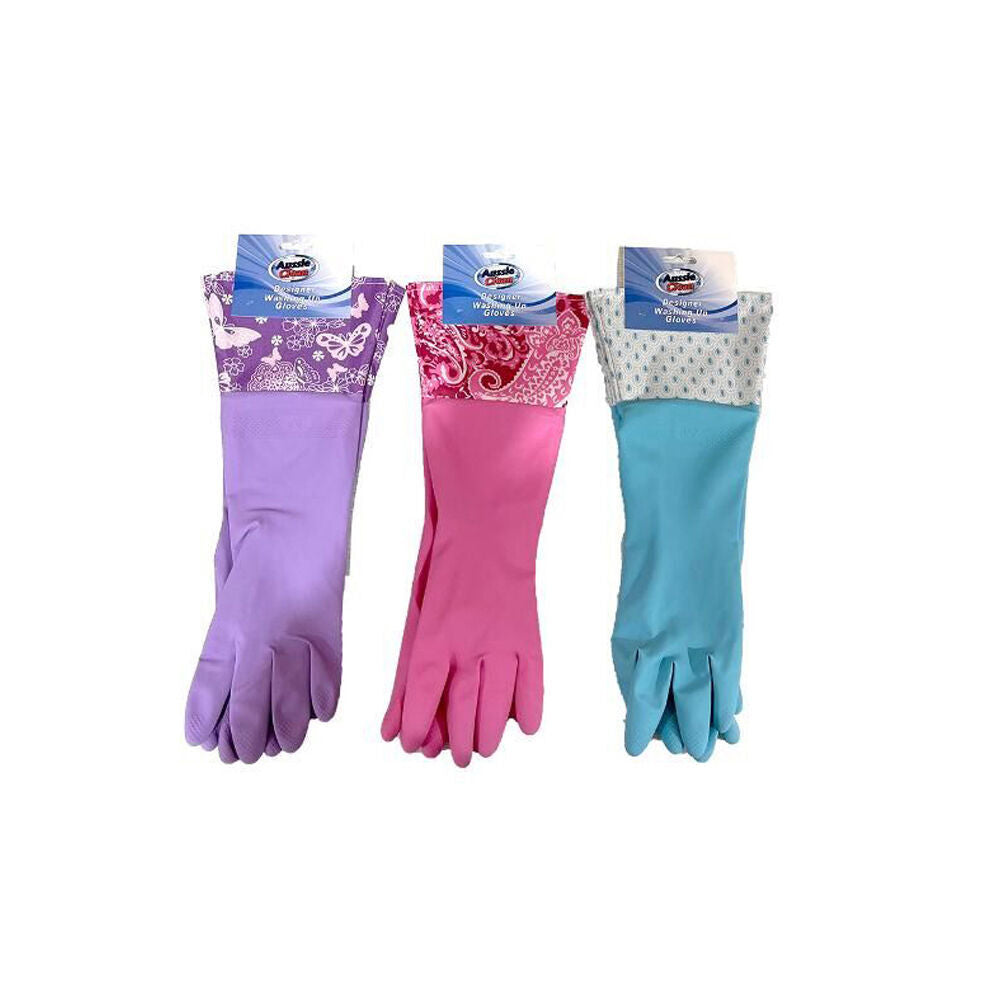 12PK Aussie Clean Designer Durable Rubber Dishwashing Gloves - Assorted