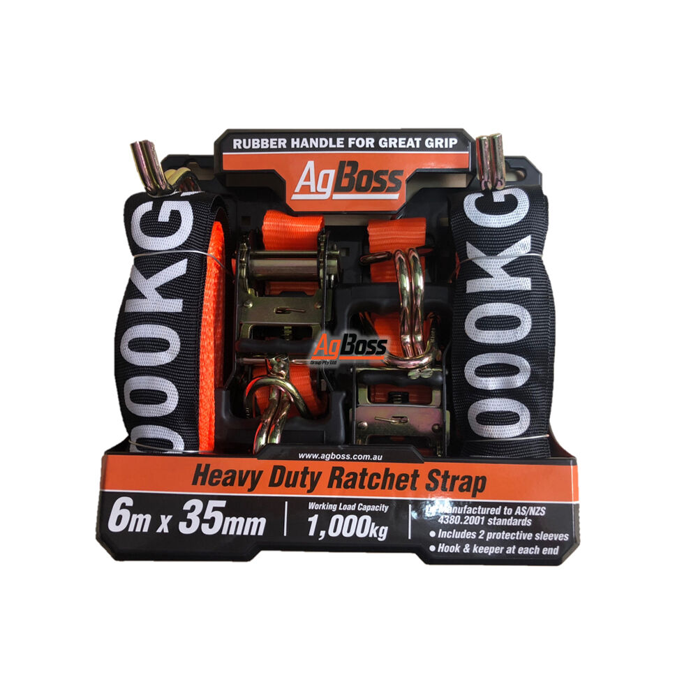 2pc AgBoss Heavy Duty Ratchet Tie Down WLC 1000kg 6mx35mm Orange