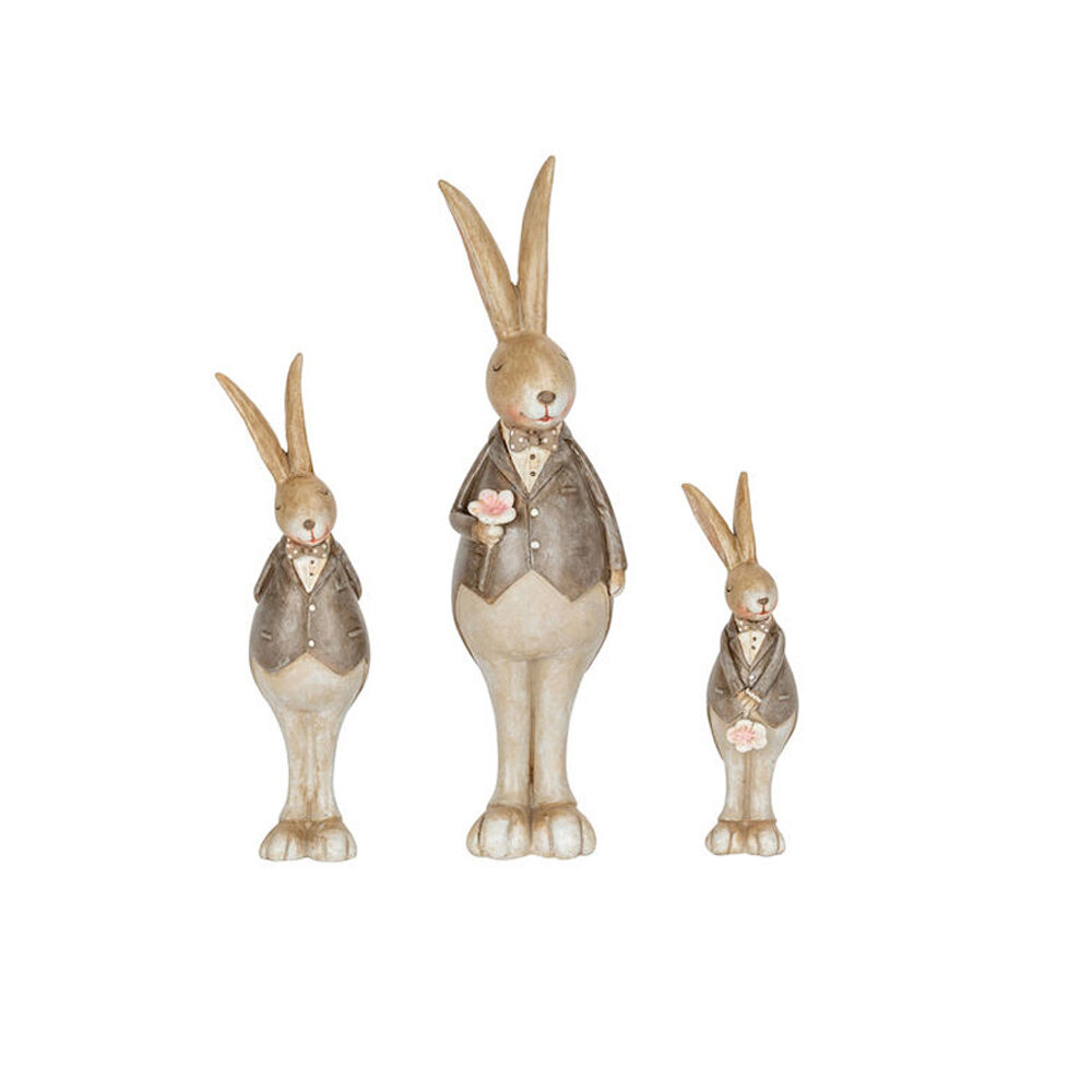 3pc Resin Rabbit In Brown Jacket Family Figures Set