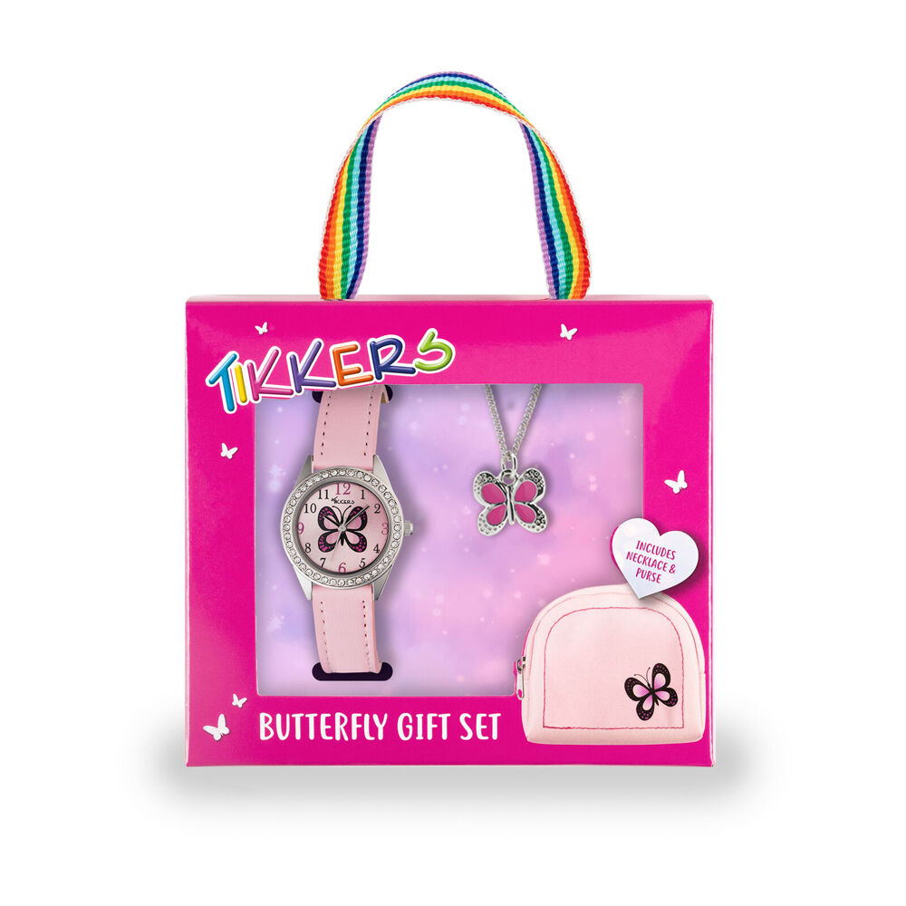 Tikkers Butterfly Dial Watch Bezel, Strap, Purse & Necklace Gift Set - Pink