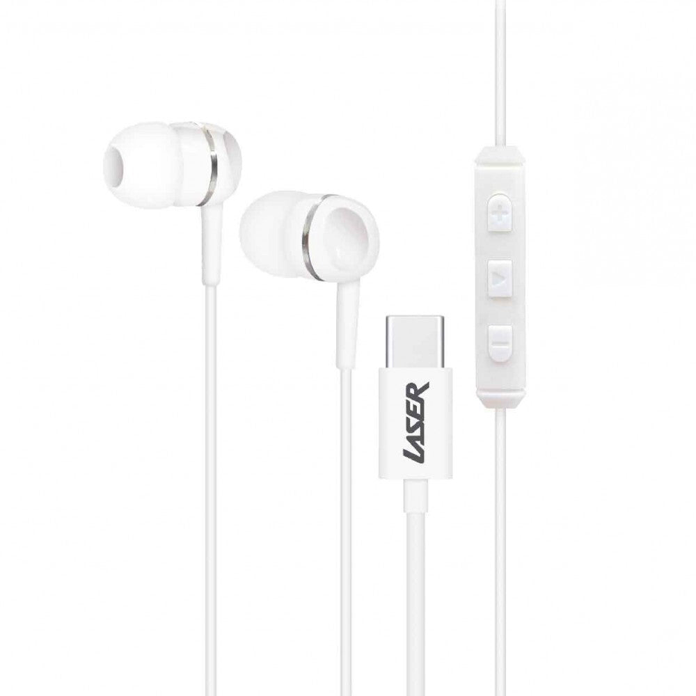 2PK Laser USB-C Silicone Tip Earphones 1.2m w/ Microphone - White