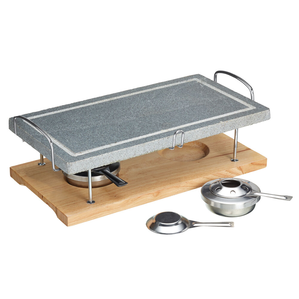 Artesa Natural Marble Hot Stone Grill w/Wooden Base & Burners Meat Fish Veg
