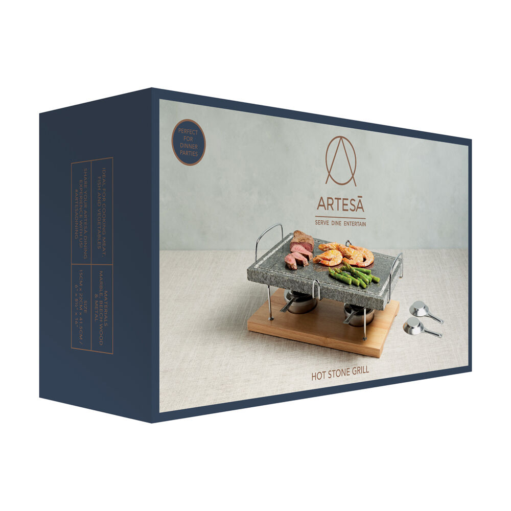 Artesa Natural Marble Hot Stone Grill w/Wooden Base & Burners Meat Fish Veg