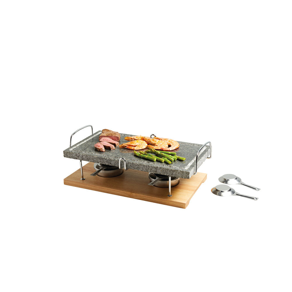 Artesa Natural Marble Hot Stone Grill w/Wooden Base & Burners Meat Fish Veg
