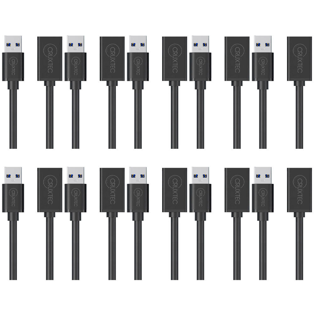 10PK Cruxtec USB-A Male to USB-A Female Extension Cable 2m - Black