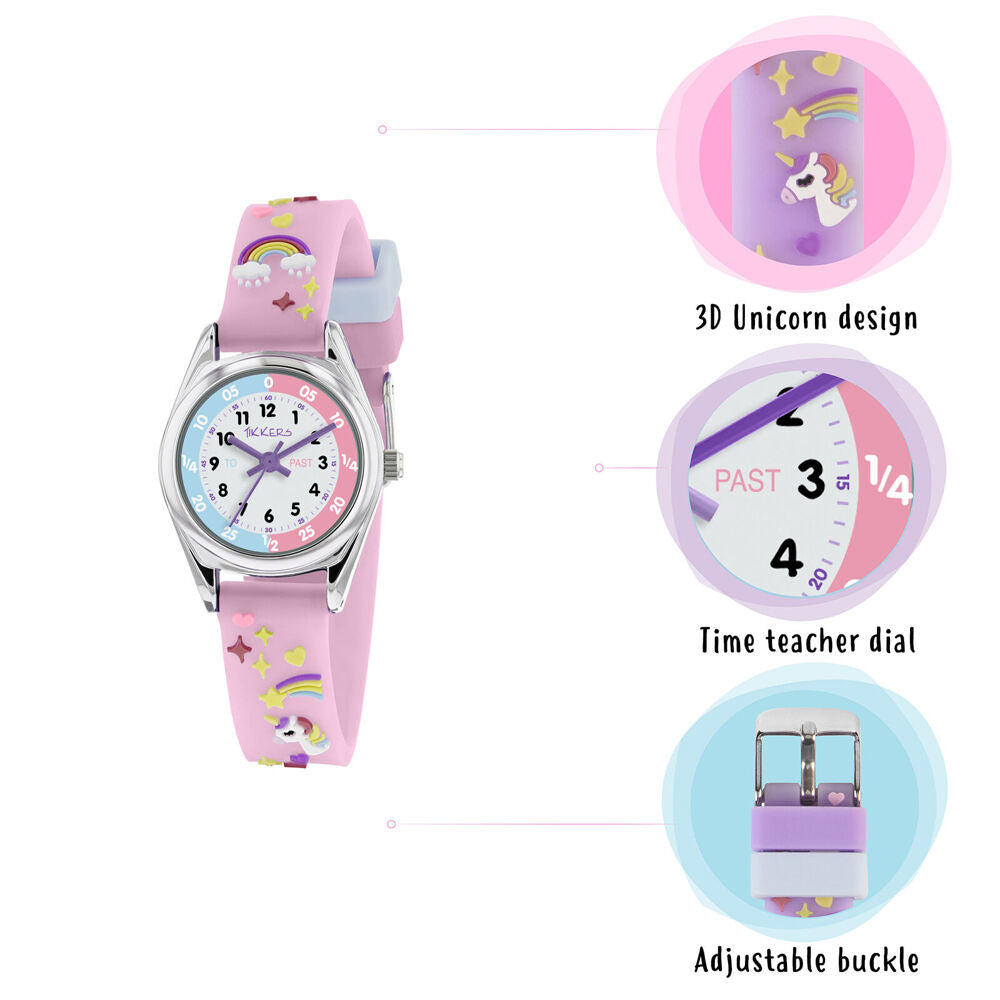 Tikkers Time Teacher Dial Strap Watch with Unicorn & 3D Stickers - Pink