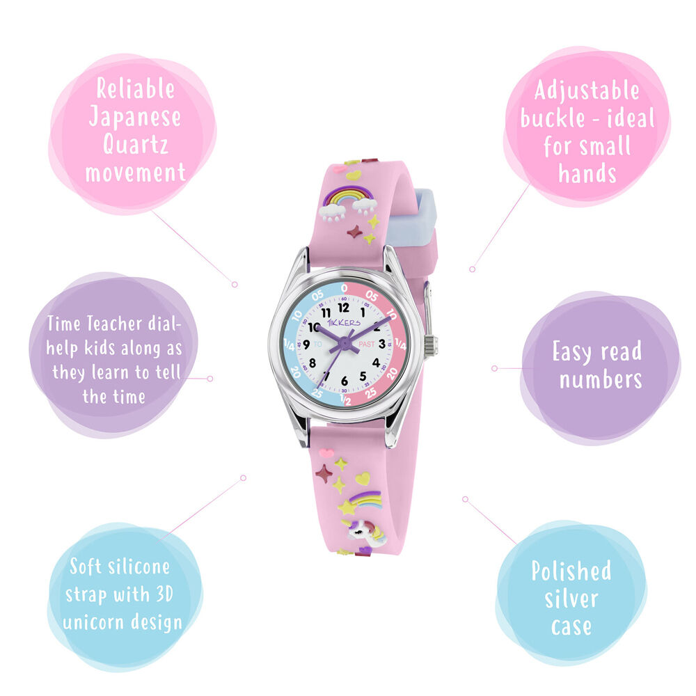 Tikkers Time Teacher Dial Strap Watch with Unicorn & 3D Stickers - Pink