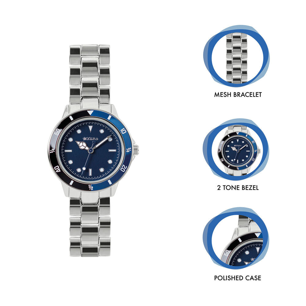 Tikkers Two-Tone Navy Dial Watch w/ Adjustable Silver Link Bracelet - Blue