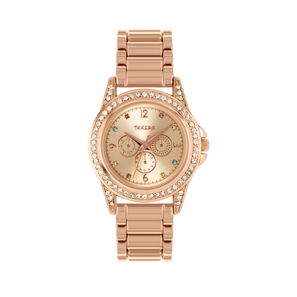 Tikkers Time Sparkle Watch w/ Adjustable Full Link Bracelet - Rose Gold