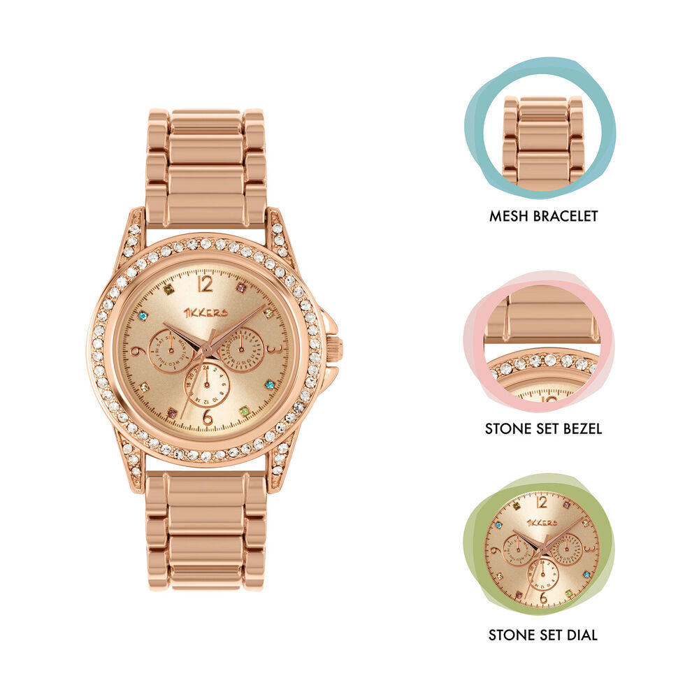Tikkers Time Sparkle Watch w/ Adjustable Full Link Bracelet - Rose Gold