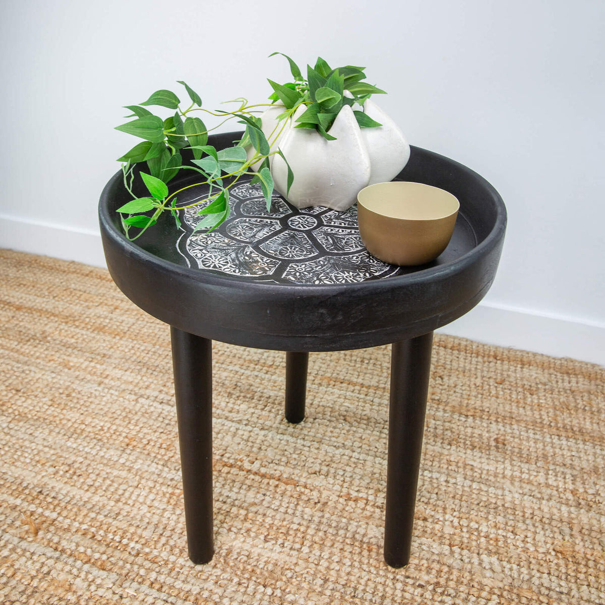 Rayell 46cm Carved Timber Top Bisque Side Table - Black