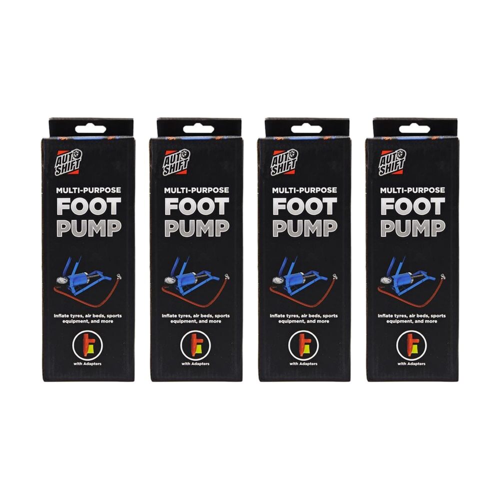 4PK AutoShift Heavy Duty Multi Purpose Foot Operated Air Pump w/Valve Adaptors