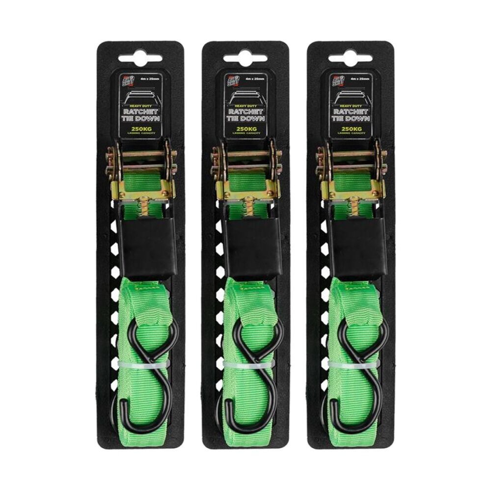 3PK AutoShift Heavy Duty Ratchet Tie Down 250kg Capacity w/Auto-Lock 4m Green
