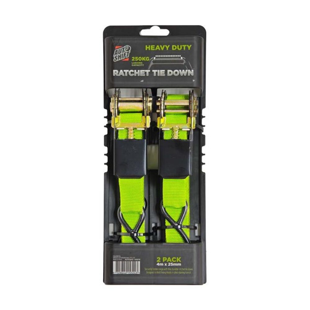 2x 2PK AutoShift Heavy Duty Ratchet Tie Down 250kg Capacity w/Auto-Lock 4m Lime