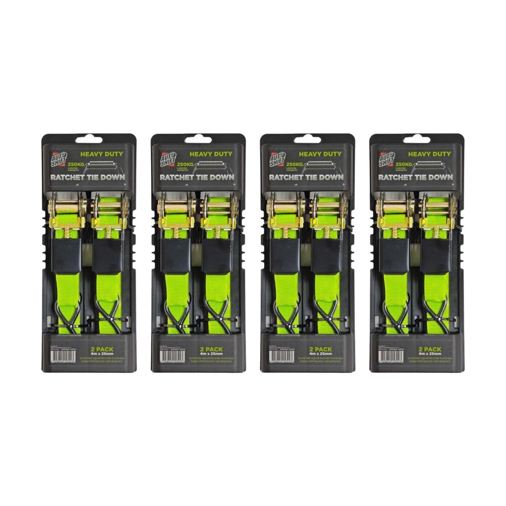4x 2PK AutoShift Heavy Duty Ratchet Tie Down 250kg Capacity w/Auto-Lock 4m Lime