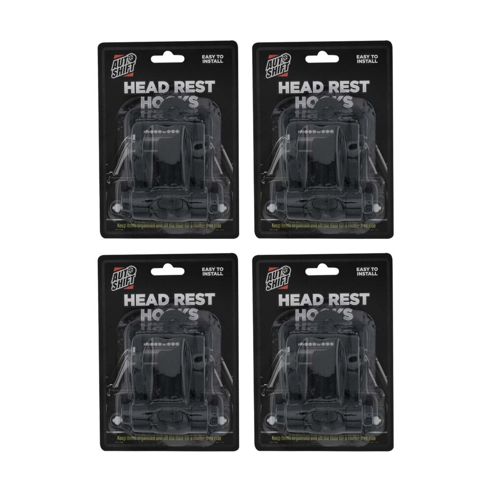 4PK AutoShift Headrest Hanger Hook Car Organisation Accessory Black