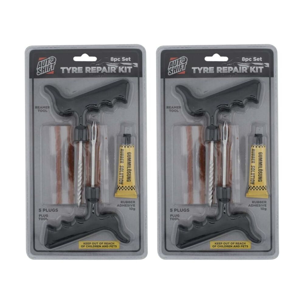 2x 8pc AutoShift Emergency Tyre Puncture Repair Kit w/5 Plugs 2 Tools & Glue