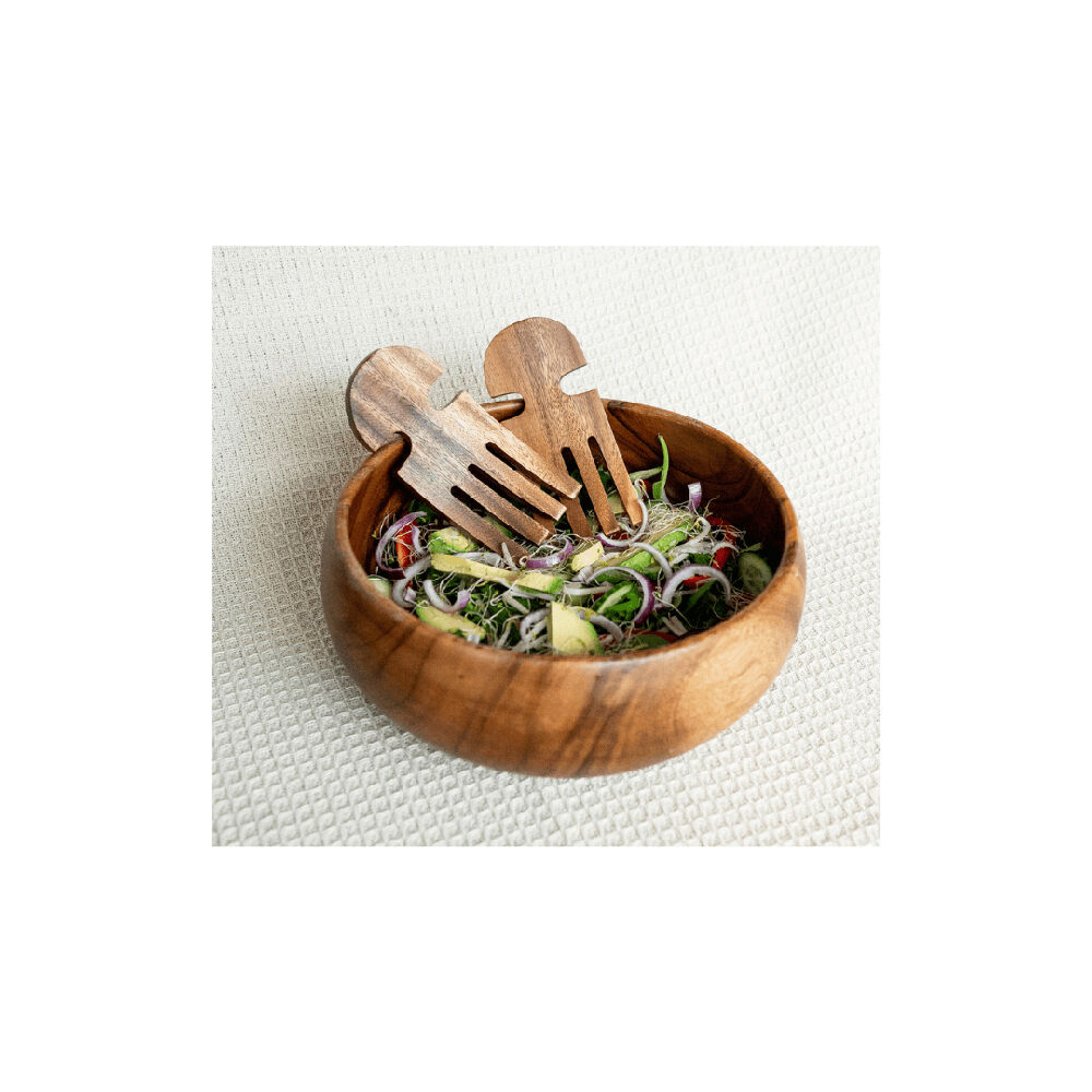 2pc Darlin Acacia Wood Round End Salad Hands Server 18x7.5cm Brown