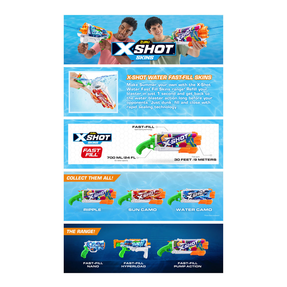 Zuru X-SHOT Fast Fill Skins Water Gun Pump Action Assorted 5+