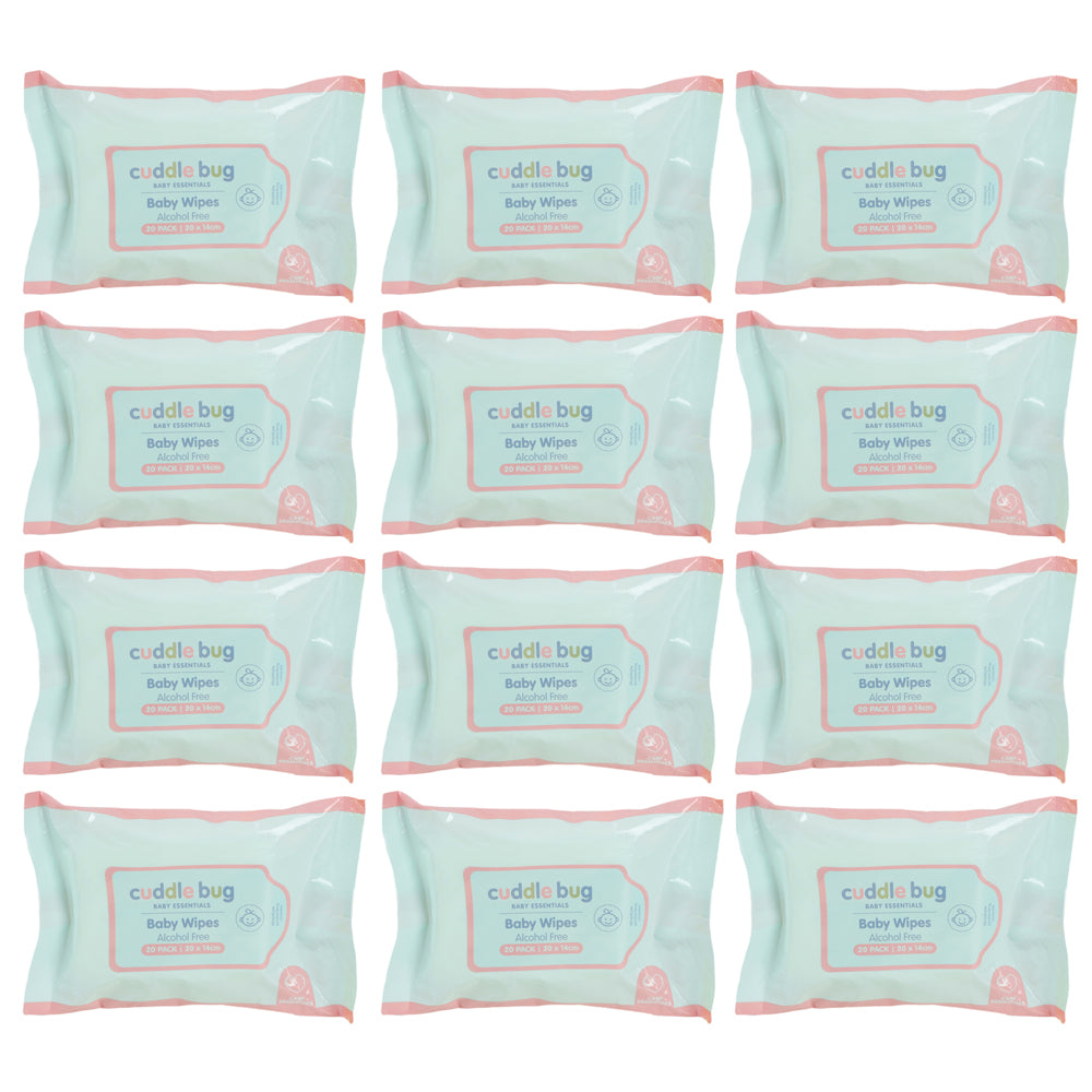 12x 20pc Cuddle Bug Fragrance Free Baby Wipes 14cm Pink/Blue