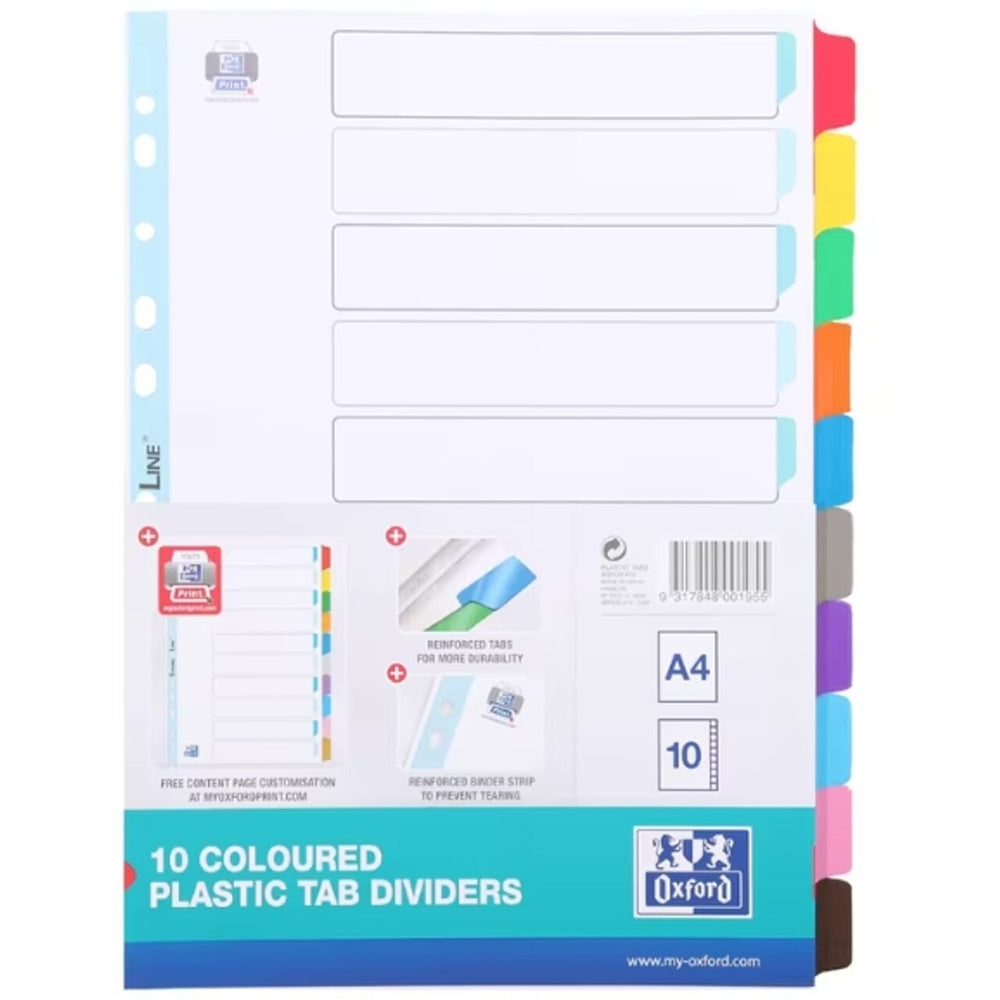 20PK Oxford A4 10 Coloured Reinforced Plastic Tab Dividers