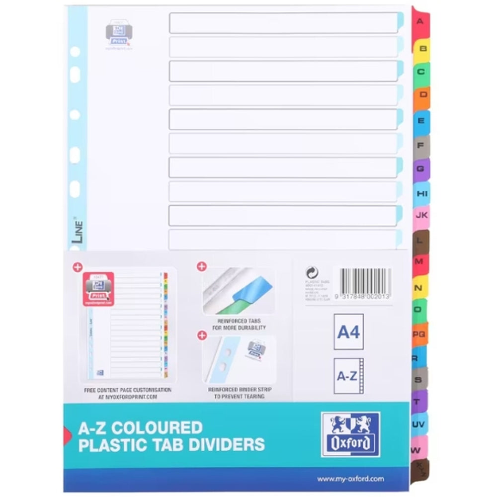 20PK Oxford A4 A-Z Coloured Reinforced Plastic Tab Dividers