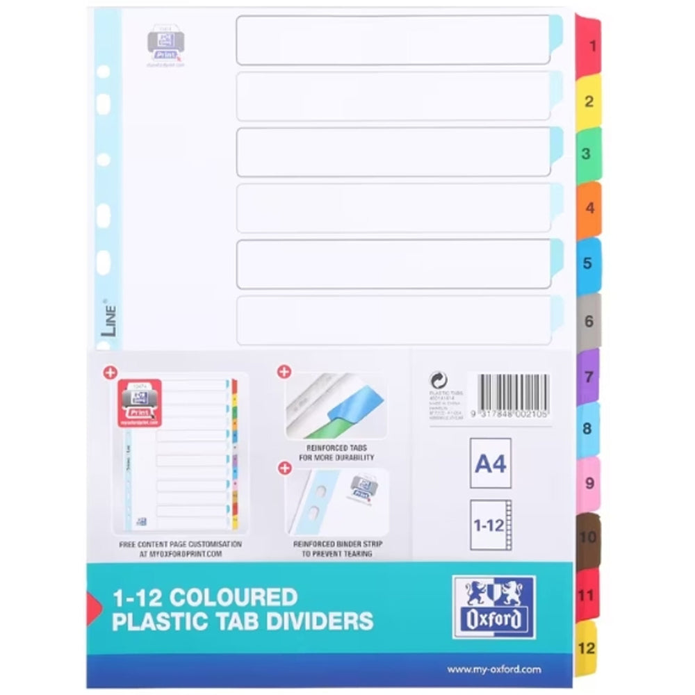 20PK Oxford A4 1-12 Plastic Reinforced Coloured Tab Dividers