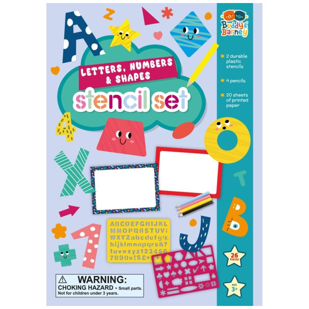 2x 7pc Buddy And Barney Stencil & Pencils Wallet Letters Shapes Numbers Book 3Y+